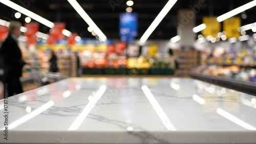 Wallpaper Mural Supermarket Display Surface - A close-up shot shows a white, marble-patterned surface, likely part of a refrigerated display case in a supermarket. Torontodigital.ca
