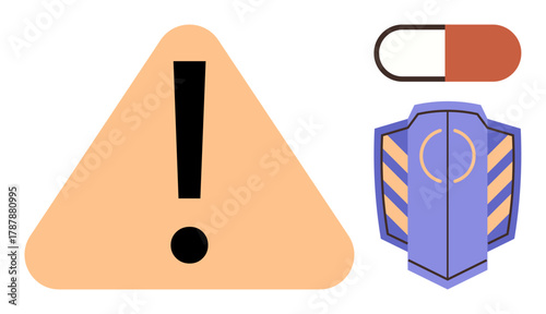 Triangular caution sign with bold exclamation mark, medicine capsule in two colors, and shield with striped details. Ideal for health warning, safety, medical risk, protection, prevention, cautionary