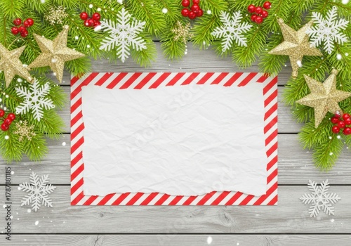 Festive christmas card mockup with red and white striped border isolated on white background