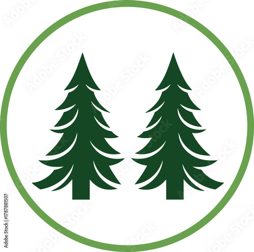 Two green pine trees inside circular border, minimalist forest logo design, eco nature emblem for environment, outdoor adventure, conservation and sustainable lifestyle concept illustration