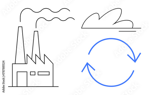 Factory with smokestacks emitting fumes, cloud representing the environment, and recycling loop. Ideal for sustainability, industry, pollution, recycling, environment, green energy eco-awareness