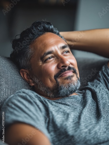 mature man resting on sofa and thinking about the future hispanic man lying on couch and looking away smiling casual guy relaxing and daydreaming on sofa at home no logos no brands ar 34