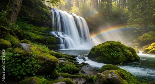 Beautiful waterfall landscape with rainbow in lush green forest nature scenic travel destination