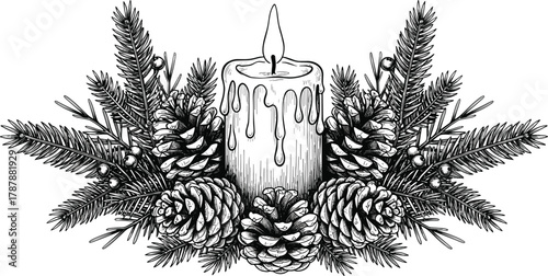 Vintage Christmas candle with pine cones and fir branches illustration, hand drawn holiday decoration, winter festive ornament design, traditional seasonal vector artwork