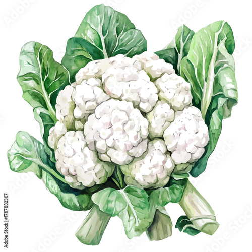 A hand-drawn illustration painting of a cauliflower in soft watercolor style, featuring delicate brush strokes, isolated on a white background, artistic, painted design, EPS format