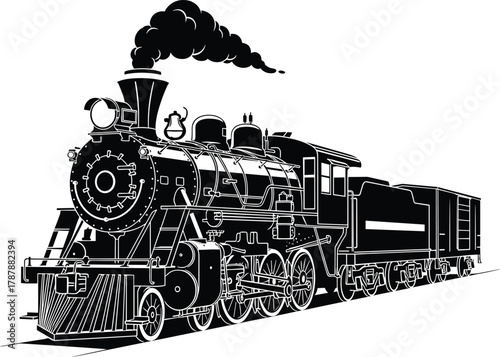 Vintage steam locomotive illustration with smoke, detailed old train drawing in black and white, retro transportation artwork for railway design, travel poster, and antique decor