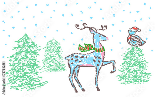 Santa's Christmas reindeer in red green scarf with tit bird. Crayon like child`s hand drawn cute fairy scene in snow forest. Pastel chalk pencil kids art flat cartoon doodle style. Vector simple deer
