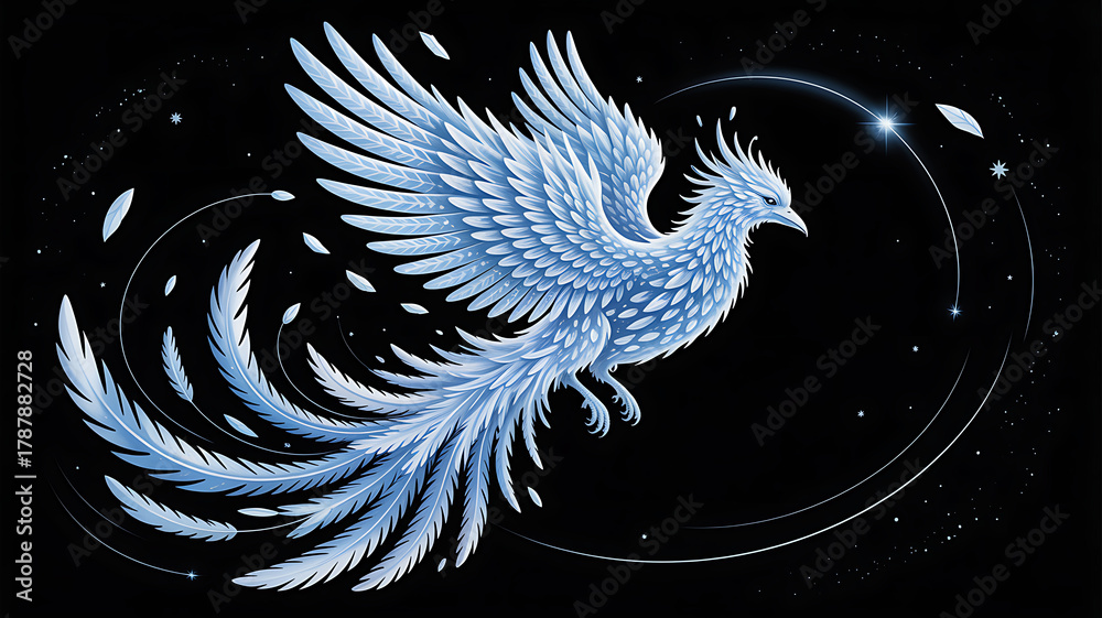 Obraz premium Elegant Blue Phoenix Illustration on Black Background with Stars, Fantasy Bird with Detailed Feathers and Celestial Accents for Mythical Art