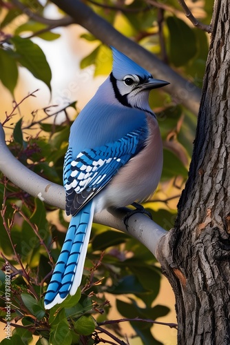 blue tit and blue jay perched on tree branch in nature