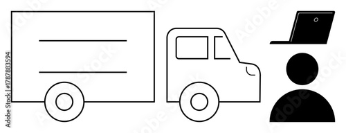 Truck and human figure with laptop emphasizing logistics, delivery, online tracking, and remote management. Ideal for transport, e-commerce, operations, technology, business remote work