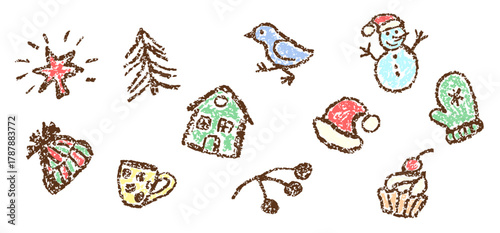 Christmas things. Holiday set. Tree, snowman, bird, Santa Claus hat, cup, cake, mitten, star, house. Crayon, pastel chalk or pencil kids hand drawing doodle funny style. Cartoon flat art simple vector