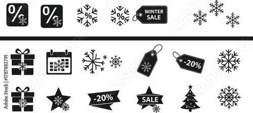 Winter sale discount icons collection, black and white snowflake symbols, Christmas tree, gift box, percentage tag, holiday offer labels, festive design elements for marketing and advertisement