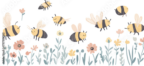 A colorful cartoon seamless floral pattern vector illustration with butterfly and insect set