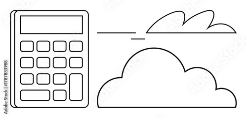 Calculator beside two stylized clouds, symbolizing computing, cloud storage, and data. Ideal for finance, technology, data storage, digital innovation, IT solutions tech services simple flat