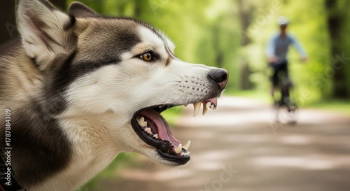 Aggressive Siberian Husky shows its fangs in green park.