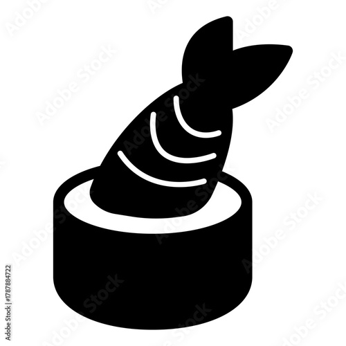 Sushi piece with fish fillet solid icon, japanese food concept. Vector graphics. Shrimp tail sushi, seafood sign on white background, style icon mobile or web design.