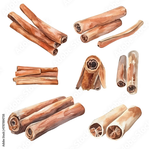 A hand-drawn illustration painting of a cinnamon sticks in soft watercolor style, featuring delicate brush strokes, isolated on a white background, artistic, painted design, EPS format