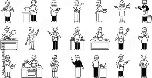 Cartoon cooking characters, kitchen activity illustration, food preparation vector, chef actions, culinary tools, kitchen tasks, editable design, template set