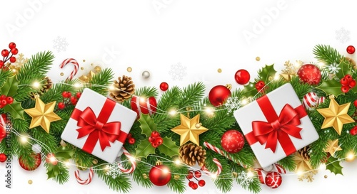 Festive christmas garland with gifts, baubles, and pine cones isolated on white background