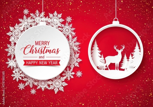 Christmas and happy new year greeting card with paper cut style isolated on red background