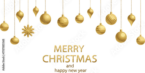 Merry Christmas greeting, golden ornaments hanging, festive holiday design, elegant baubles, New Year celebration, white background, seasonal decoration, gold chains
