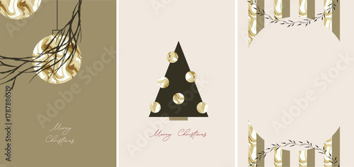 Merry Christmas and Happy New Year greeting card, banner, poster, cover templates. Modern vintage pastel Xmas design with beautiful elements, Christmas tree, gifts, golden confetti,