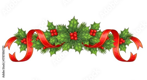 Festive christmas garland with holly leaves, red berries, and a red ribbon isolated on white background