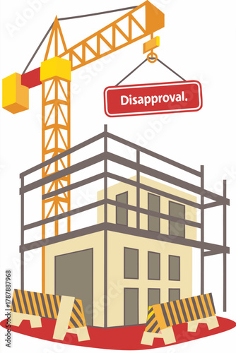 Isometric vector of construction site shutdown, disapproval problem, hammerhead tower crane lifting system, emergency at building under construction.