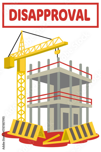 Isometric illustration of construction site emergency shutdown, disapproval issue, hammerhead tower crane, building under construction, heavy-duty lifting.