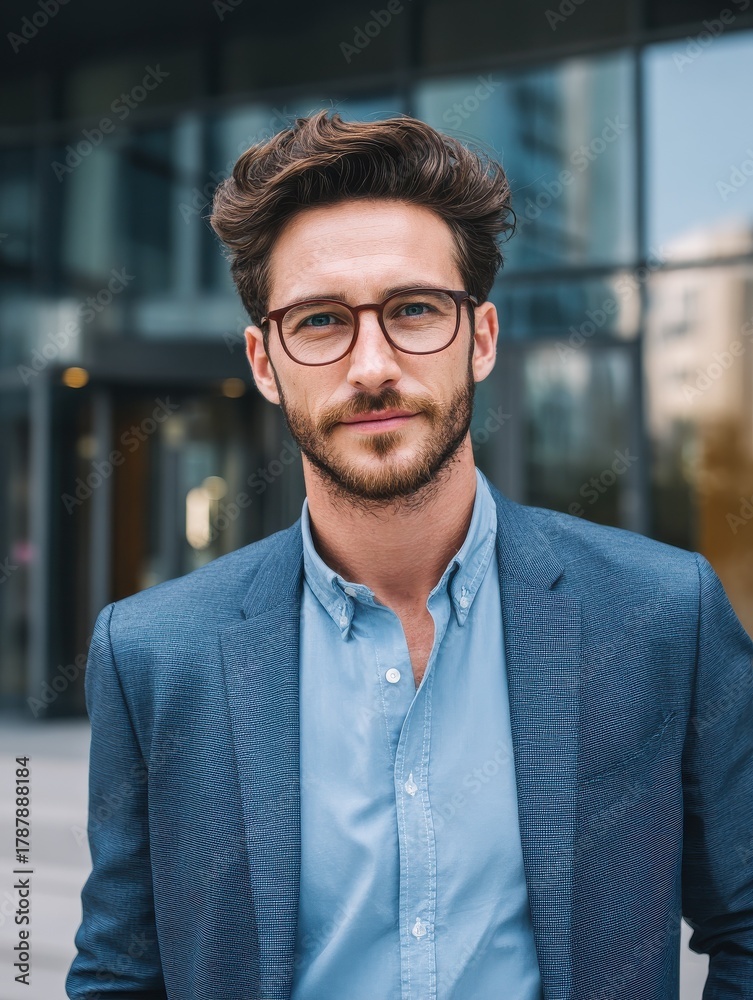 Obraz premium portrait of young businessman wearing eyeglasses and standing outside conference room portrait of happy business man wearing spectacles and looking at camera with copy space satisfied proud man no lo