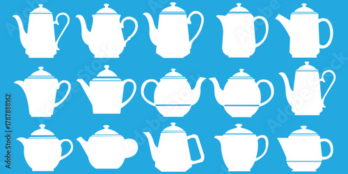 Fifteen Elegant Teapots Silhouette on Blue Background Tea Party Kitchen Decor Beverages Breakfast Afternoon Tea