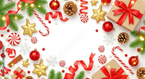 Christmas background with gifts, ornaments, candy canes, and ribbons isolated on white background