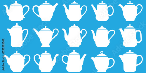 White Tea Pot Collection Elegant Kitchenware Antique Kettle Drink Service Hot Beverage Vintage Design Blue Background