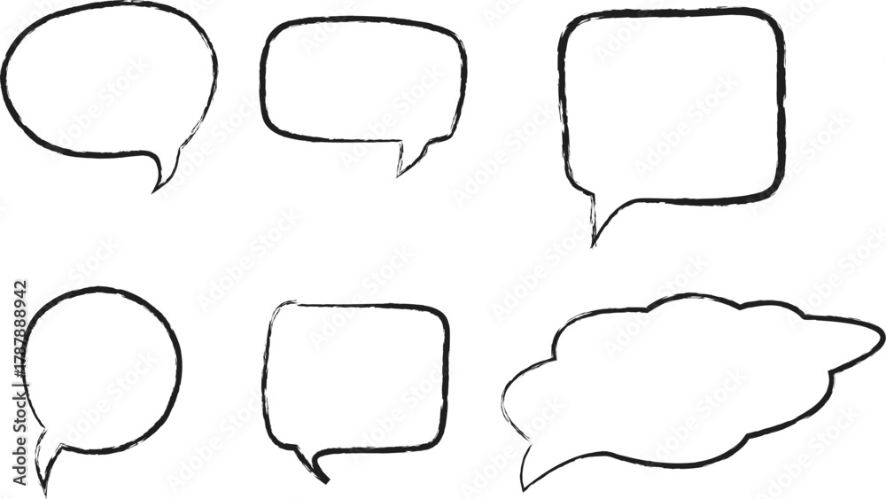 Obraz premium Hand drawn speech bubble doodle set, chat message frames in black brush strokes, conversation icons.