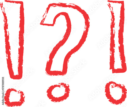 Red question mark and exclamation doodle icons, punctuation symbols sketch, confusion surprise concept.