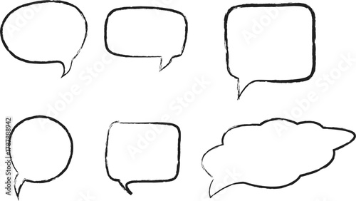 Hand drawn speech bubble doodle set, chat message frames in black brush strokes, conversation icons.
