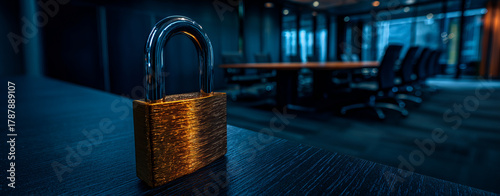 Secure padlock on dark office table symbolizes safety and protection in business environment