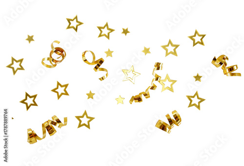 Gold confetti stars and serpentine streamers pattern isolated png cutout object on transparent background. Holiday, New Year Christmas design elements
