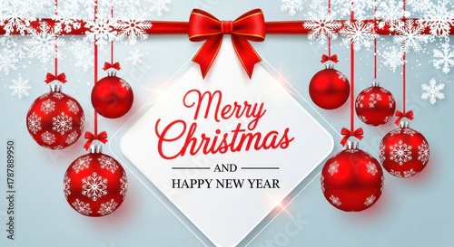 Merry christmas and happy new year greeting card with ornaments and snowflakes isolated on white background