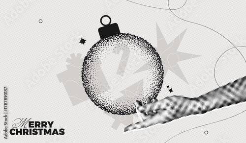 Trendy Halftone Collage Hand holds Christmas Ball with festive decorations. Happy New Year poster. Abstract xmas greeting card. Winter holidays. Contemporary vector illustration art