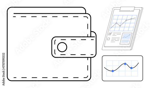 Wallet with clasp, clipboard showing financial graphs, and economic trend chart. Ideal for budgeting, investment, personal finance, market analysis, economy tracking business growth. Simple flat