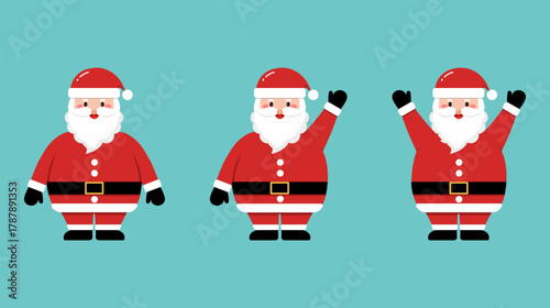 Set of happy Santa Claus.Merry Christmas icon element isolated on background.Cute, portly smiling Santa cartoon character vector graphic illustration. A kind man with a white beard in red suit.