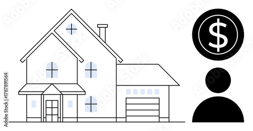 House drawing, dollar sign, and person icon representing property investment, mortgage, homeownership, real estate transactions, financial planning, savings and investment. Ideal for a simple flat
