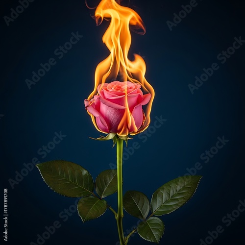 Vibrant Pink Rose Engulfed in Golden Flames, Symbolizing Intense Passion, Love, and Transformative Power Against a Deep Blue Backdrop