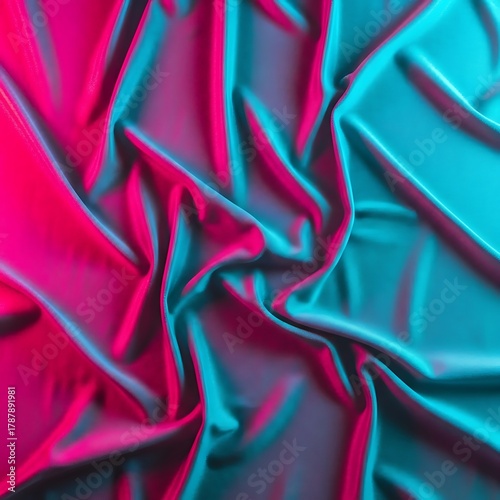 Vibrant abstract background of draped satin fabric illuminated by glowing pink and blue neon lights