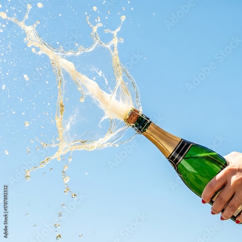 Champagne Bottle Exploding With Liquid Spray Against Clear Blue Sky