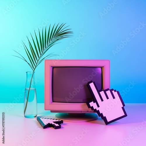 Vibrant Retro Tech Dream Classic Desktop Monitor with Tropical Leaf and Modern Pixelated Mouse Cursors on a Gradient Background