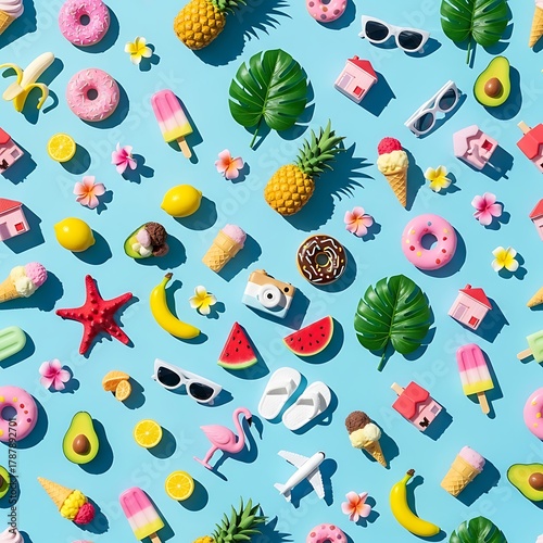 Summer Fun Playful Composition of Tropical Delights on a Vibrant Blue Backdrop