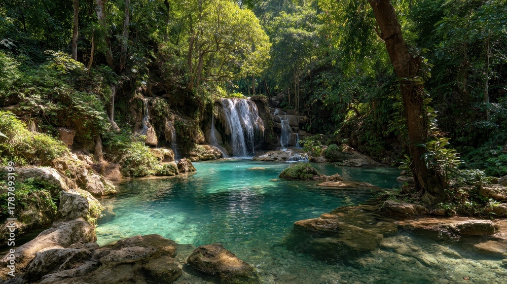 Fototapeta premium Lush jungle waterfall with serene clear water amidst thick forest