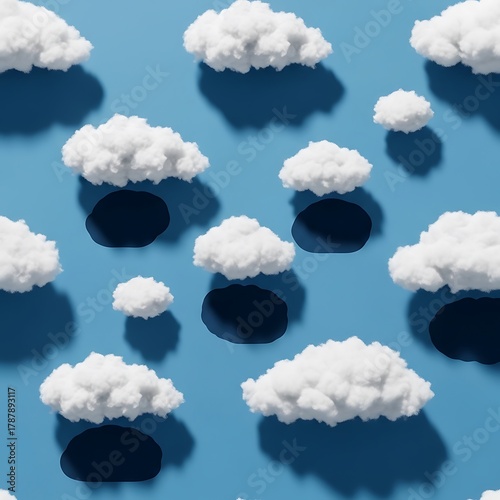 Cloudscape pattern with fluffy clouds and shadows on a blue background